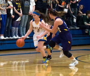 Kelso's Kady Bruce drives down the court against Columbia River in the Lassies' big Senior Night win Feb. 6.